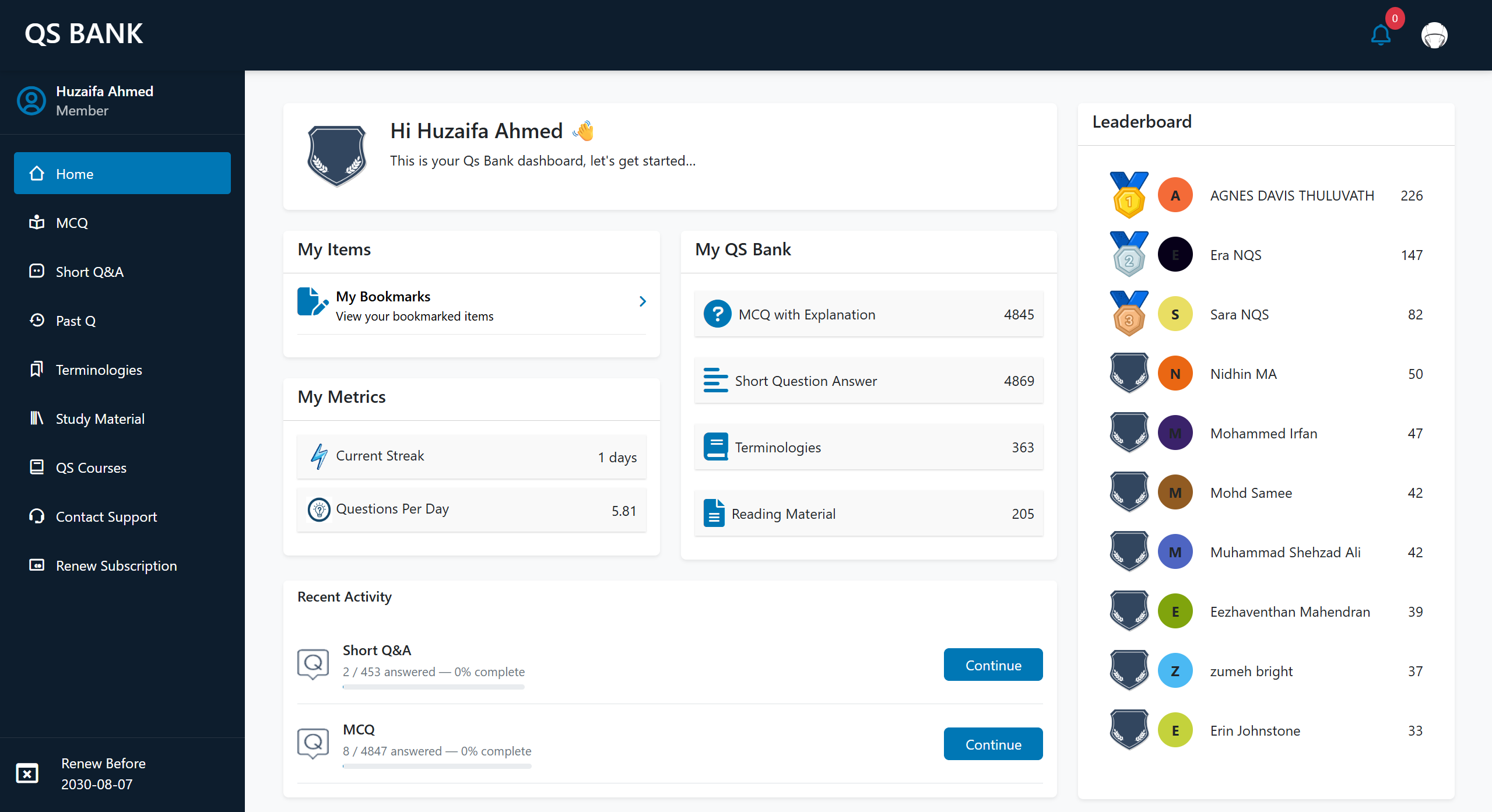 QS Bank dashboard showing MCQ practice, mock tests, and progress analytics